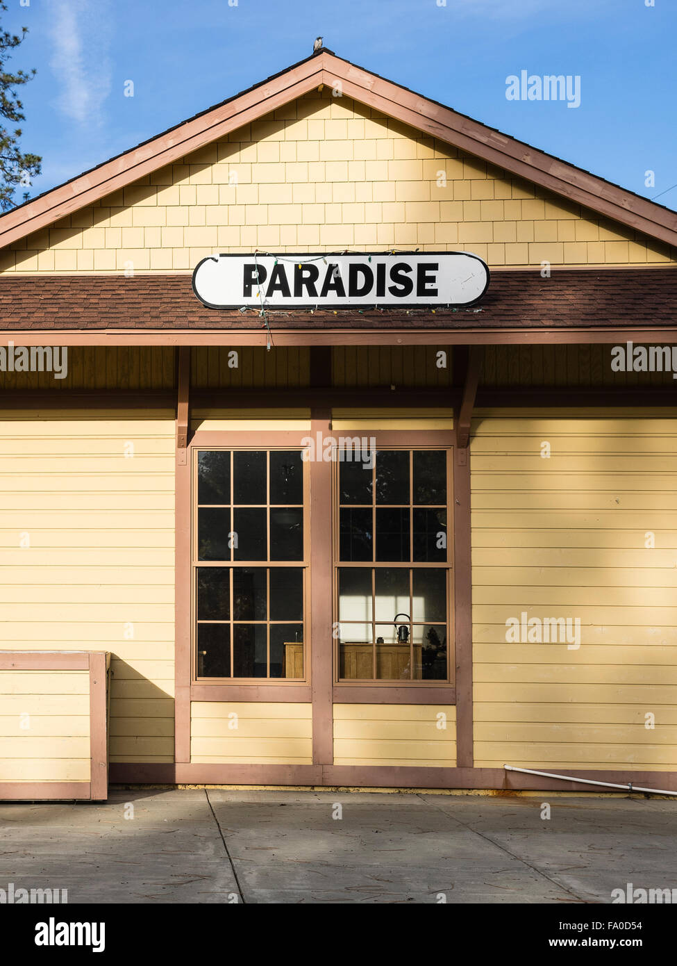 The Paradise California Depot Museum, a historical railroad station that serves as a museum. Stock Photo
