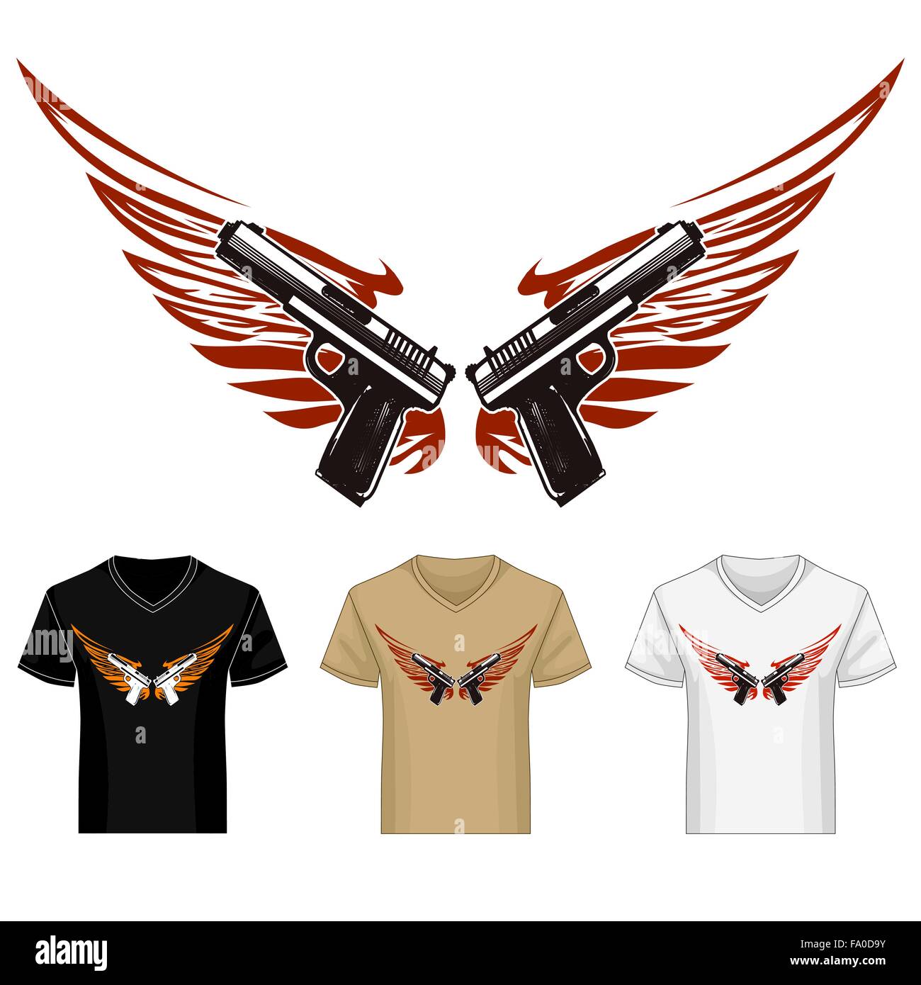 Two guns guns with wings shirt template. Illustration in tattoo style. Stock Vector
