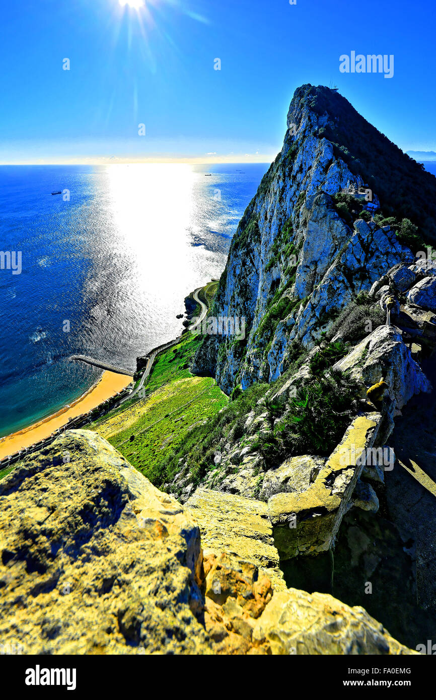 Gibraltar Rock and beach over the Mediterranean sea Stock Photo Alamy
