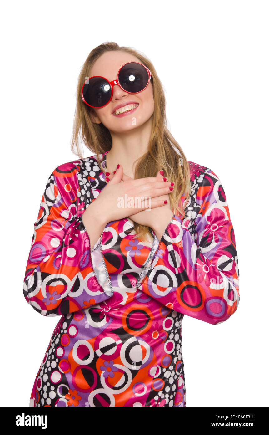 Pretty girl in dress with pink prints isolated on white Stock Photo - Alamy