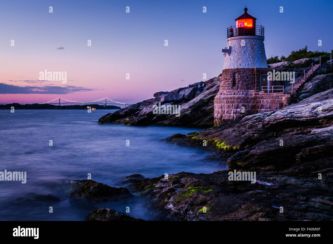 Castle Hill Lighthouse and Newport Bride in Rhode Island Stock Photo