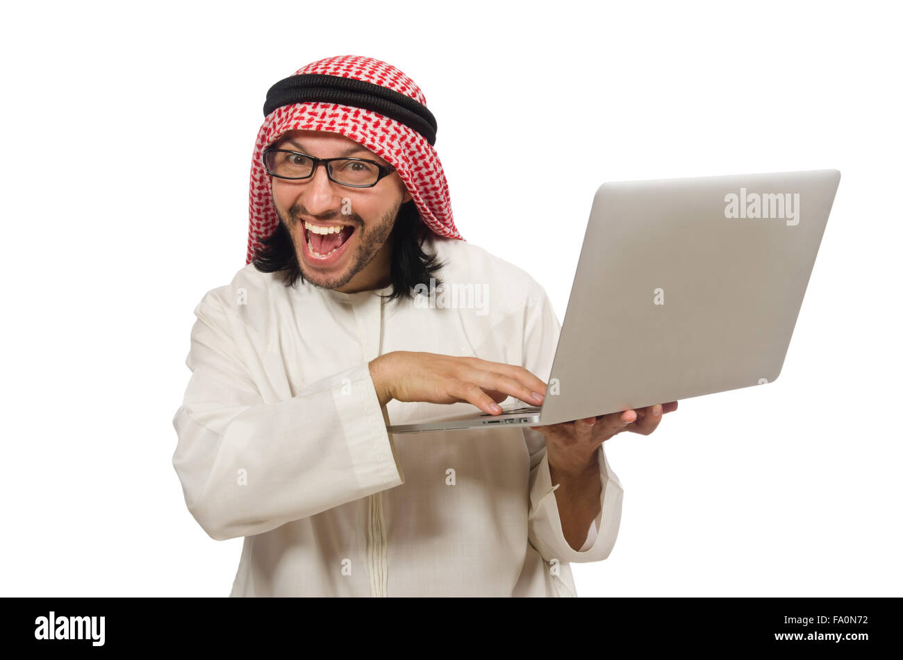 Arab man with laptop isolated on white Stock Photo - Alamy
