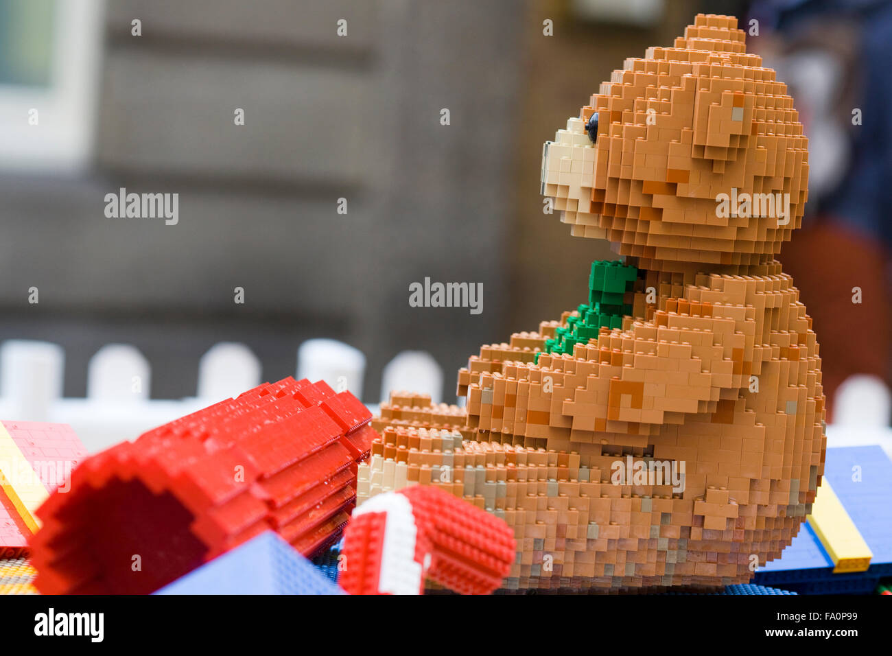 Santa's Train and elves with Teddy bears and presents made from Lego displayed in Covent Gardens London England Stock Photo