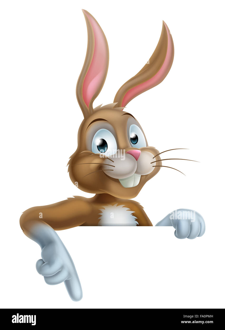 Cartoon Easter bunny rabbit looking over a sign and pointing out the