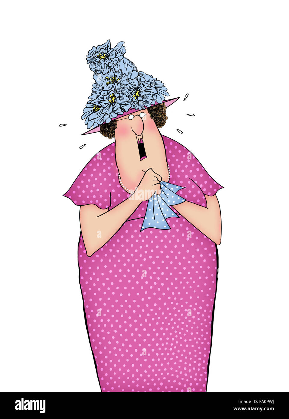 Cartoon of a lady sobbing dramatically in a big hat holding a handkerchief Stock Photo