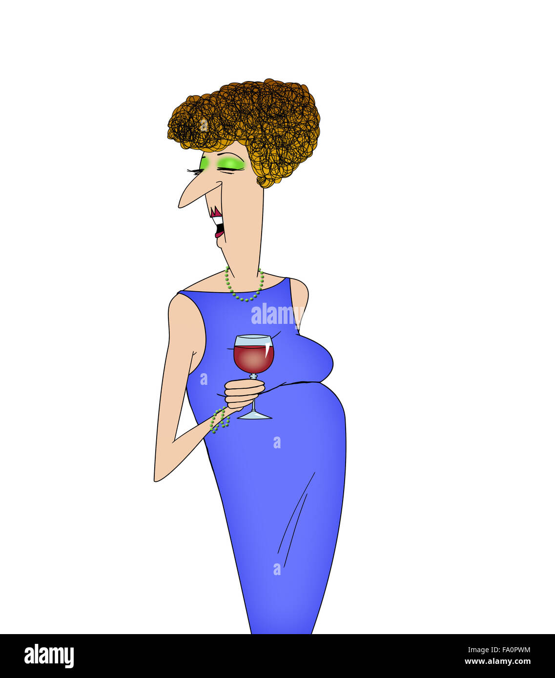 Cartoon of a lady at a cocktail party drinking wine isolated on white Stock Photo