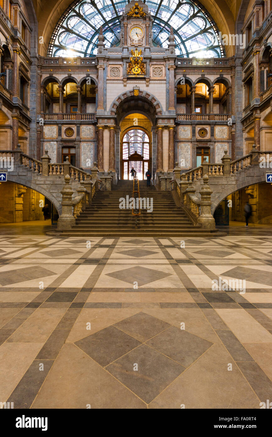 The stairs and ornate windows at Antwerp Central train station main ...