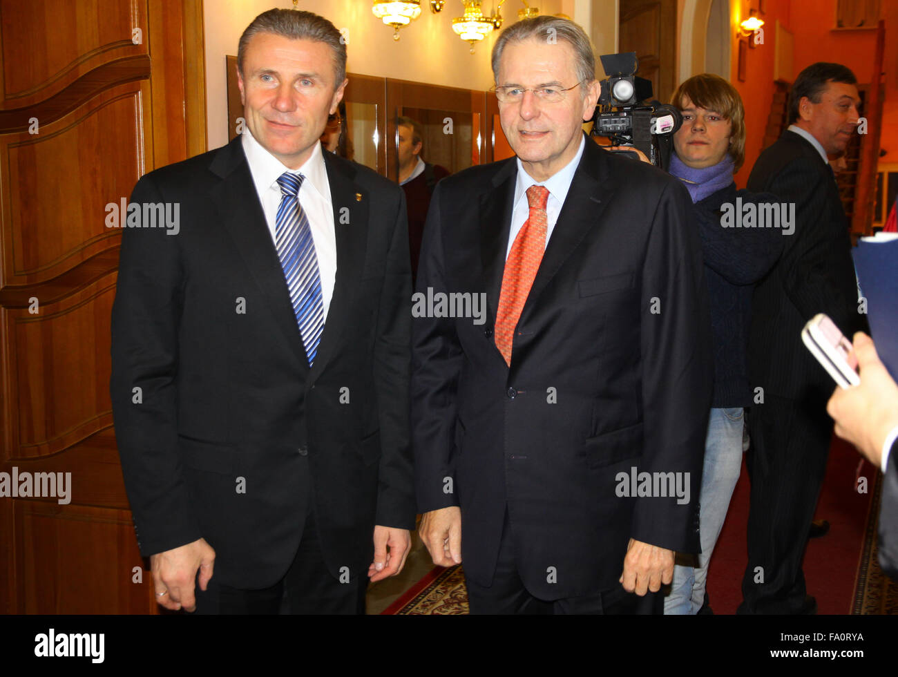 KYIV, UKRAINE - DECEMBER 17, 2010: President of National Olympic Committee of Ukraine Serhiy Bubka (L) and President of Internat Stock Photo