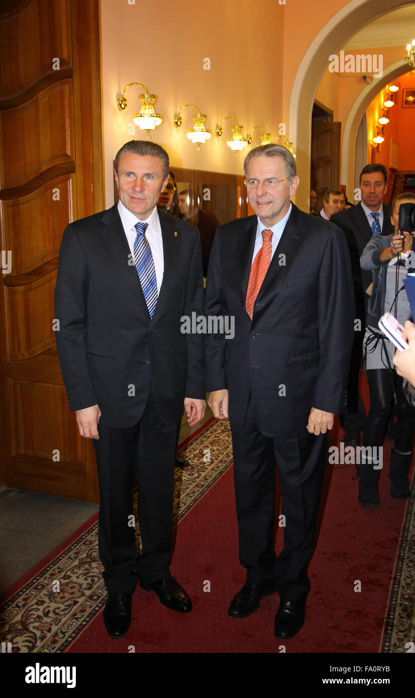 KYIV, UKRAINE - DECEMBER 17, 2010: President of Ukraine Olympic Committee Serhii Bubka (L) and President of International Olympic Committee Jacques Rogge gives an interview during Rogge's official visit to Ukraine on December 17, 2010 in Kyiv Stock Photo