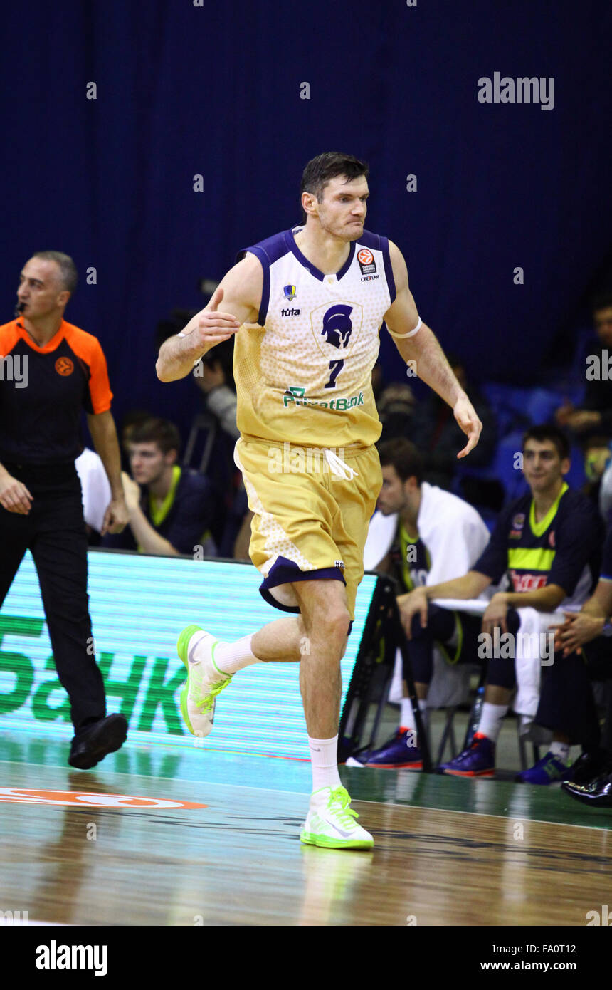 KYIV, UKRAINE - OCTOBER 17, 2013: Darjus Lavrinovic of Budivelnik looks on during Turkish Airlines Euroleague game against Fenerbahce Ulker on October 17, 2013 in Kyiv, Ukraine Stock Photo