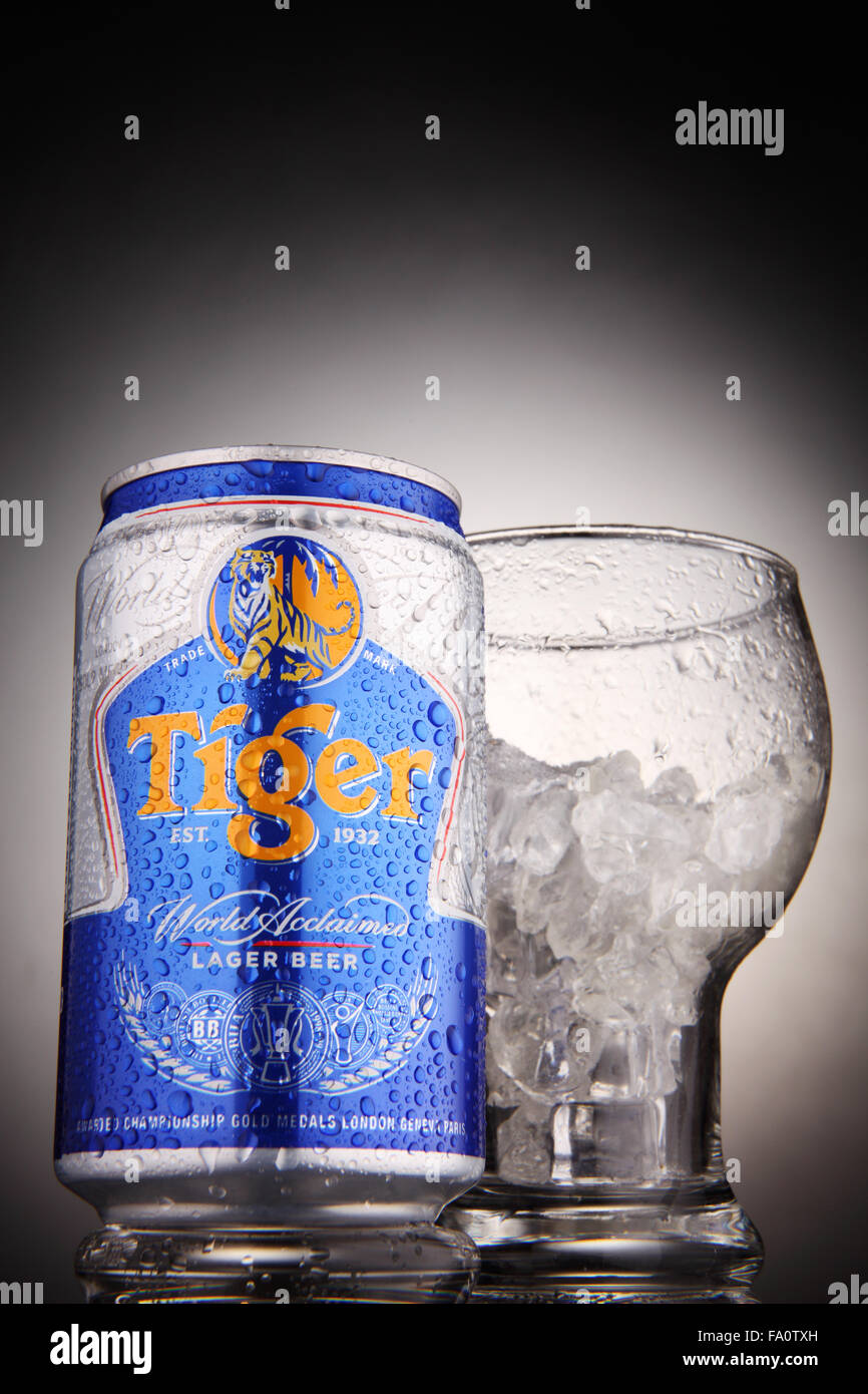 KUALA LUMPUR, 1st May 2015,tiger beer with glass of crushed ice Stock Photo