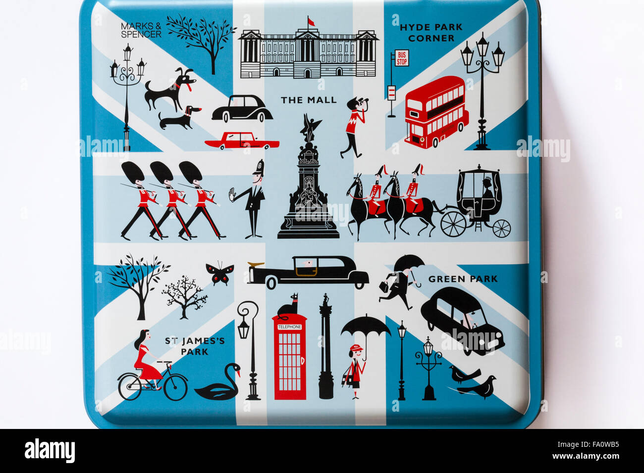 Marks & Spencer Decorative biscuit tin on London themes isolated on