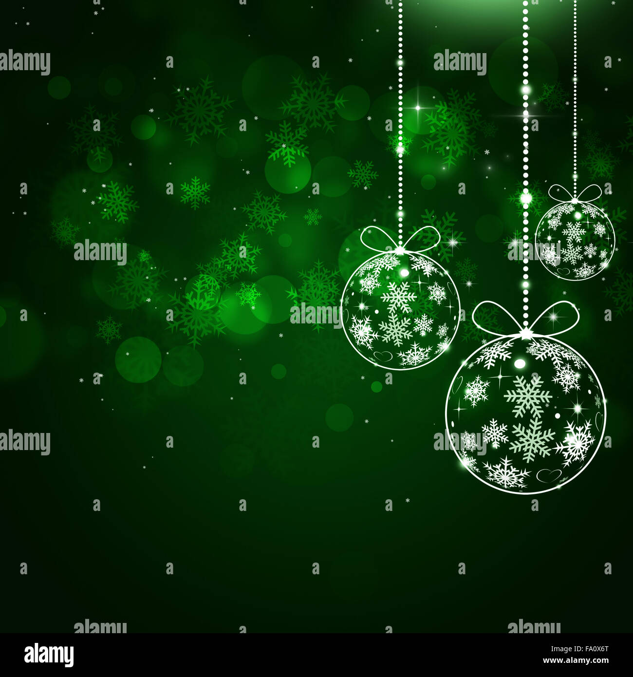 abstract holiday decoration green background with xmas balls and snowflakes Stock Photo