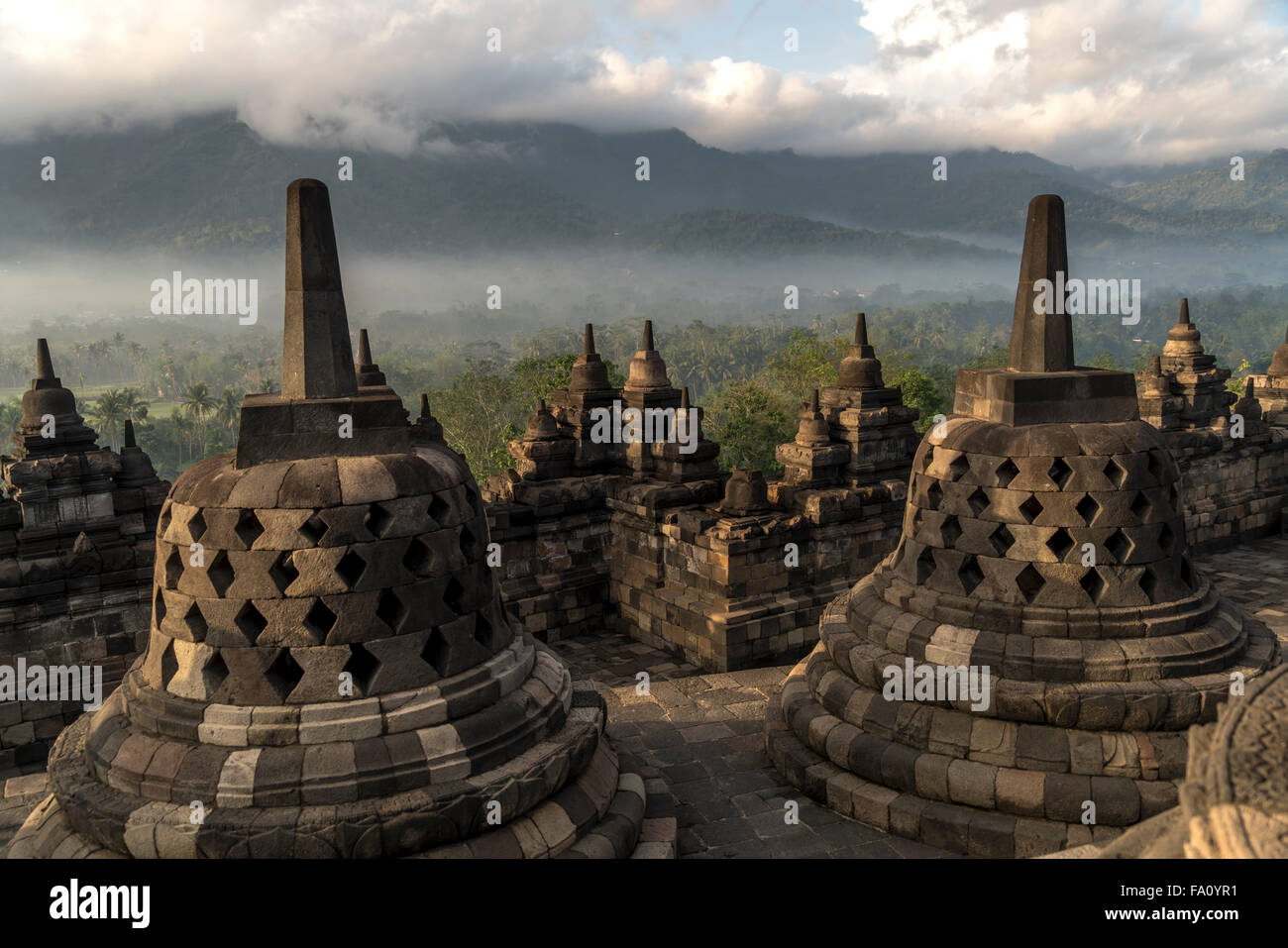 stupas at the  9th-century Mahayana Buddhist Temple Borobudur near Yogyakarta, Central Java, Indonesia, Asia Stock Photo