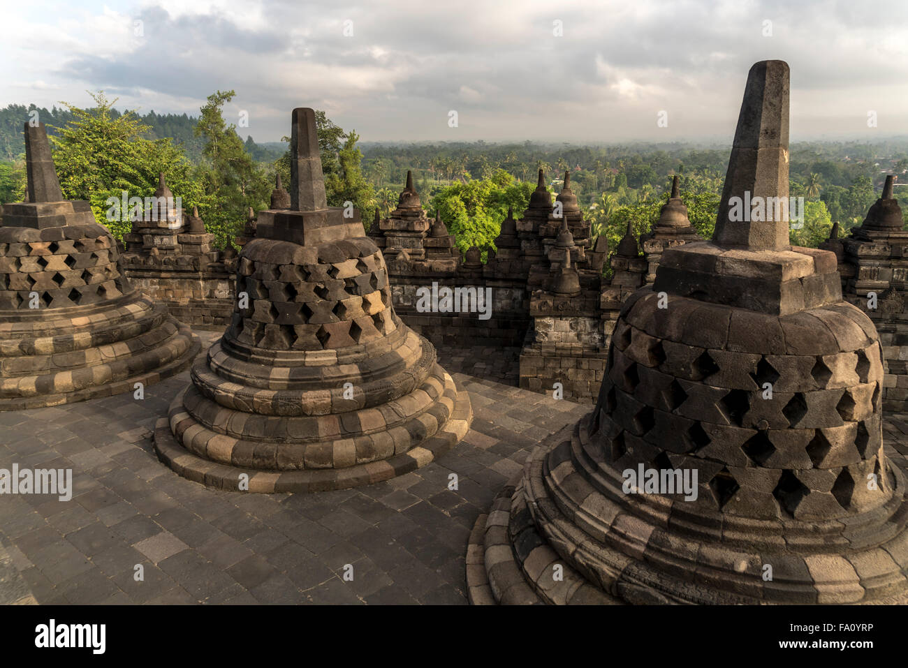 stupas at the  9th-century Mahayana Buddhist Temple Borobudur near Yogyakarta, Central Java, Indonesia, Asia Stock Photo