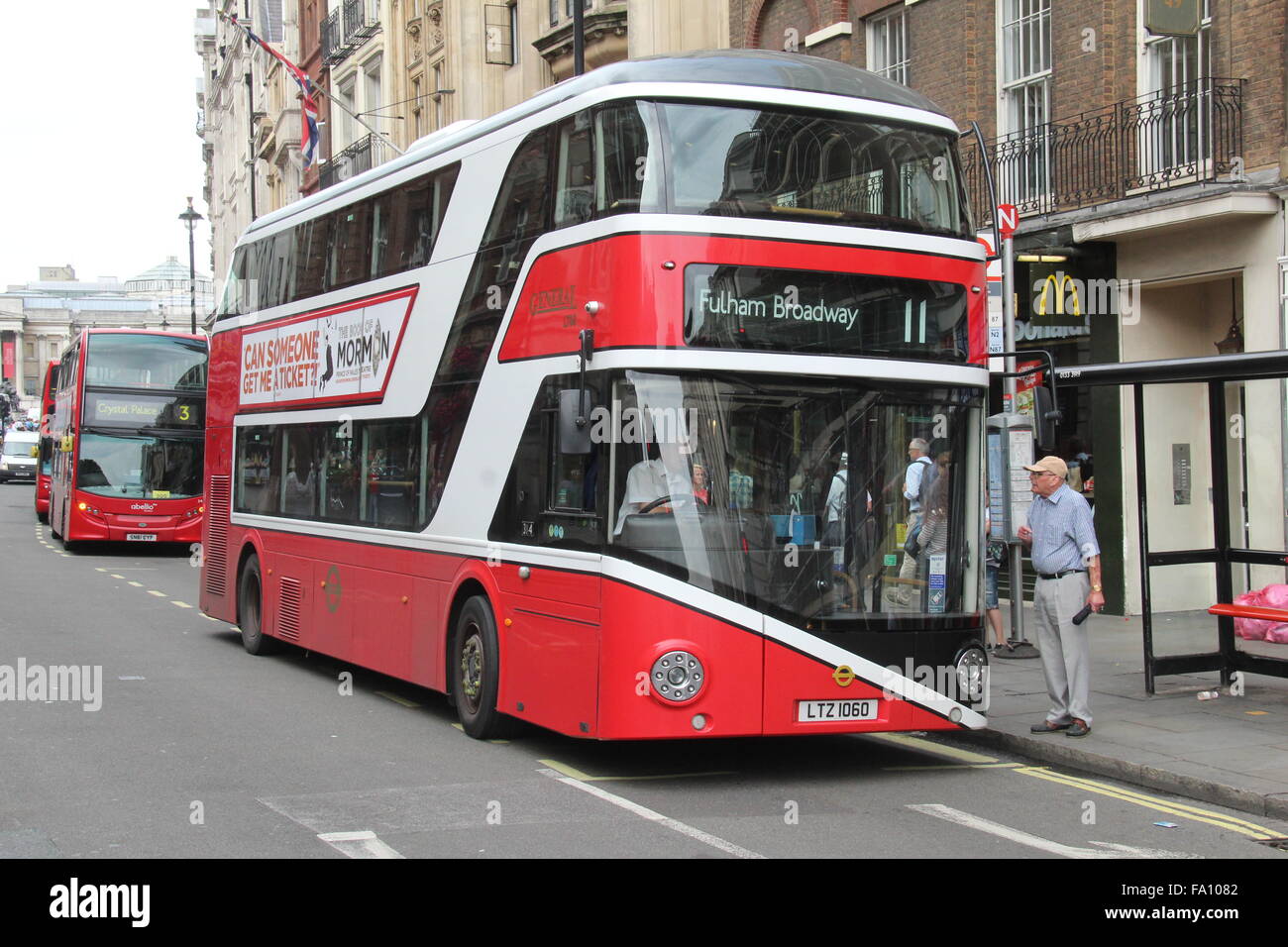 A LONDON GENERAL RED AND WHITE NEW ROUTEMASTER BUS WORKING IN WHITEHALL LONDON ON SERVICE 11 OPERATED BY GO-AHEAD LONDON GENERAL Stock Photo