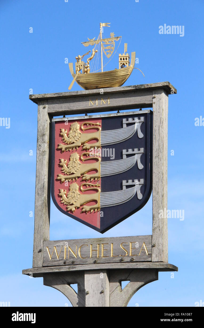 CLOSE-UP VIEW OF TOWN VILLAGE NAME SIGN IN WINCHELSEA,EAST SUSSEX,UK Stock Photo