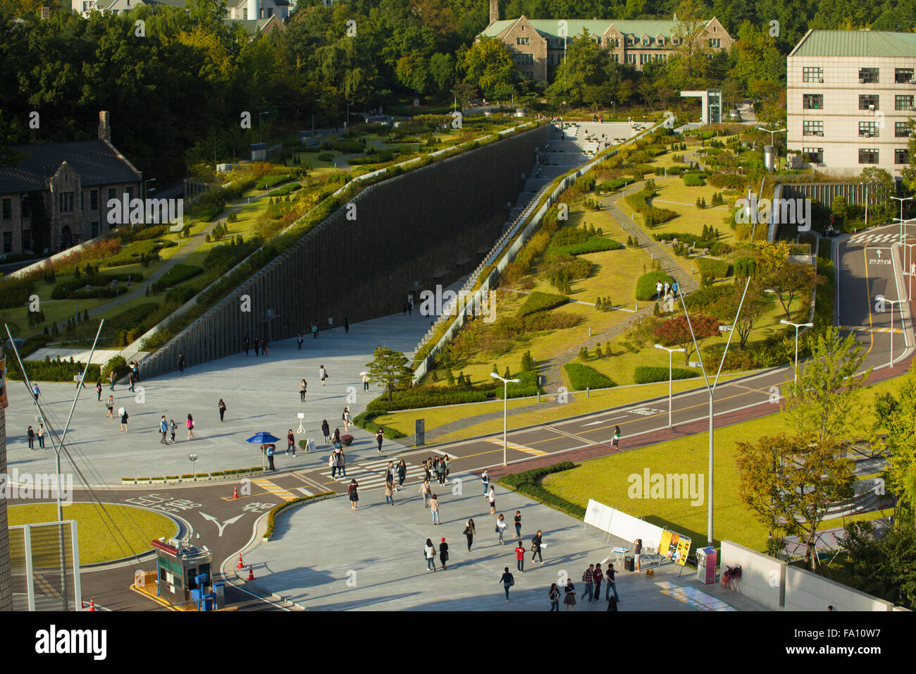 The Ewha Campus Complex at world's largest all female education institute, Ewha Womans University is seen from above aerial view Stock Photo