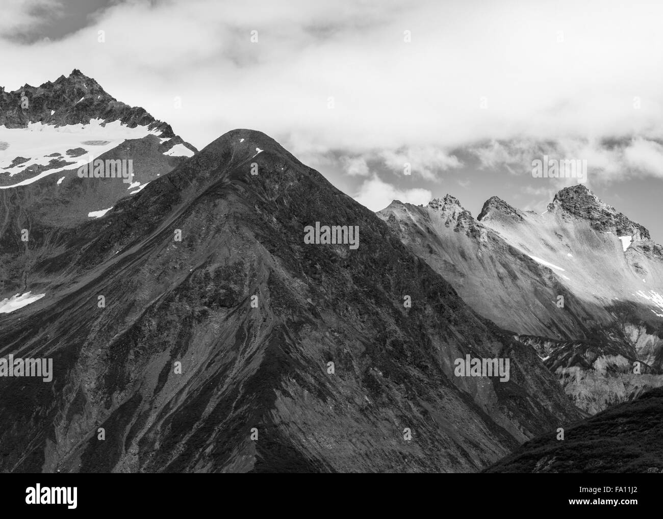 Five Mountain Tops In Black &  White Inside Glacier Bay National Park, Alaska Stock Photo