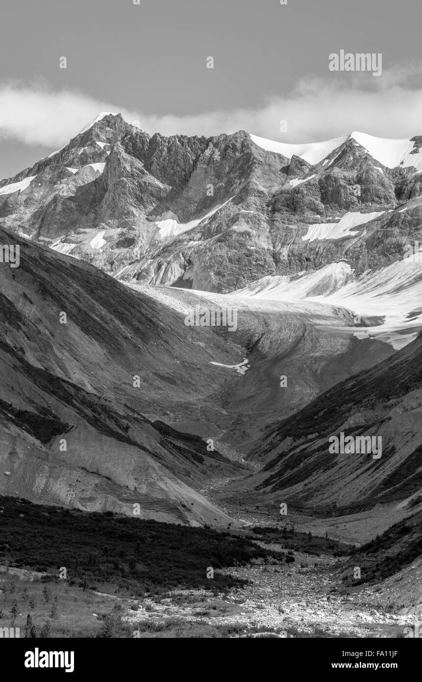 Dramatic Photo Of Mountains, Glacier and Valley In Black & White Inside Glacier Bay National Park, Alaska Stock Photo