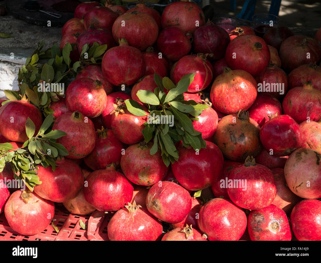 Pomegranates on a stall, Agean region, Turkey. Stock Photo