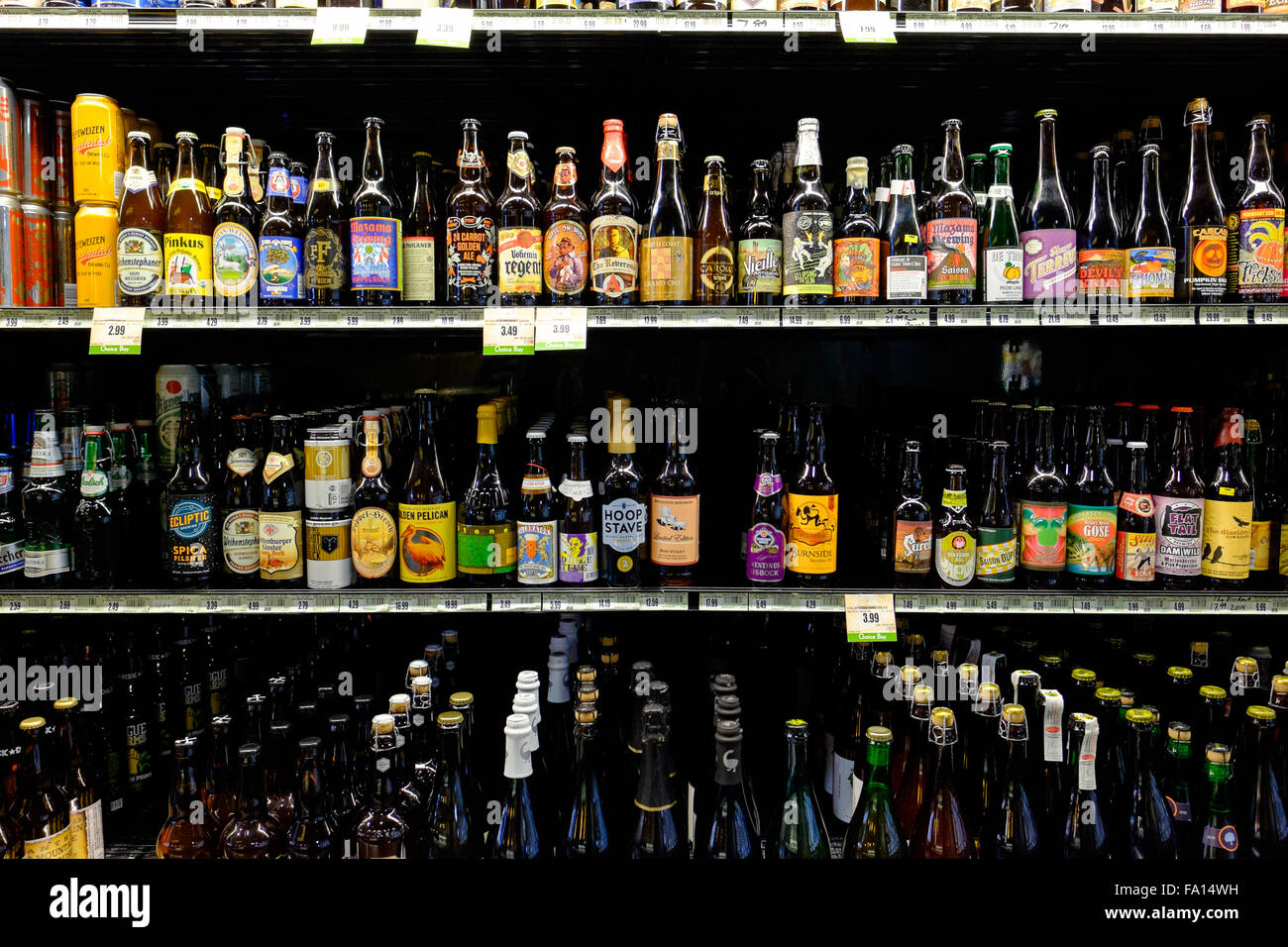 EUGENE, OR - DECEMBER 16, 2015: Beer selection in an open cooler at Market of Choice. Stock Photo