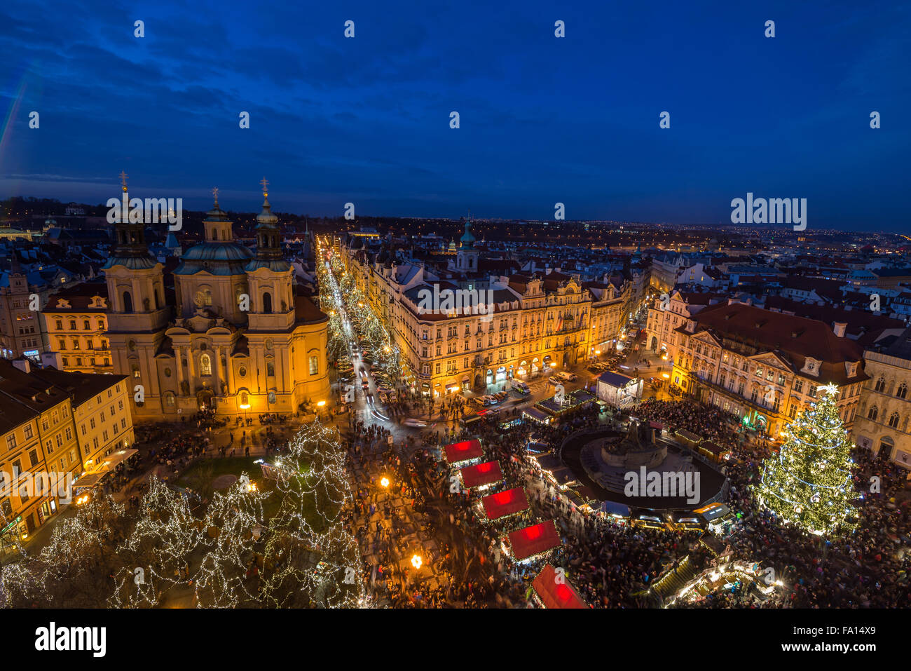 Christmas markets in Prague's Old Town Square. Panoramic view from tower, Prague, Czech Republic Stock Photo