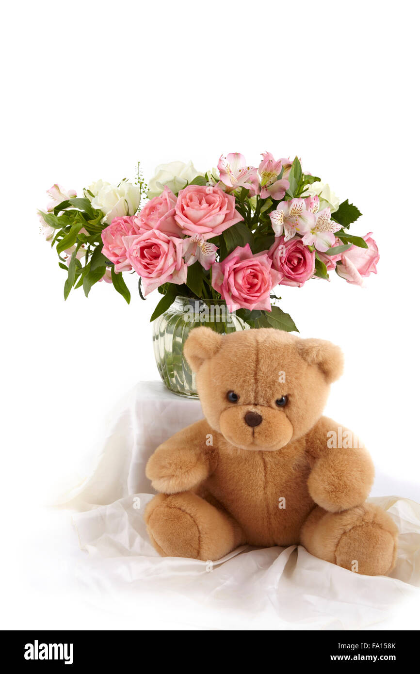 Bouquet and Teddy Bear Stock Photo