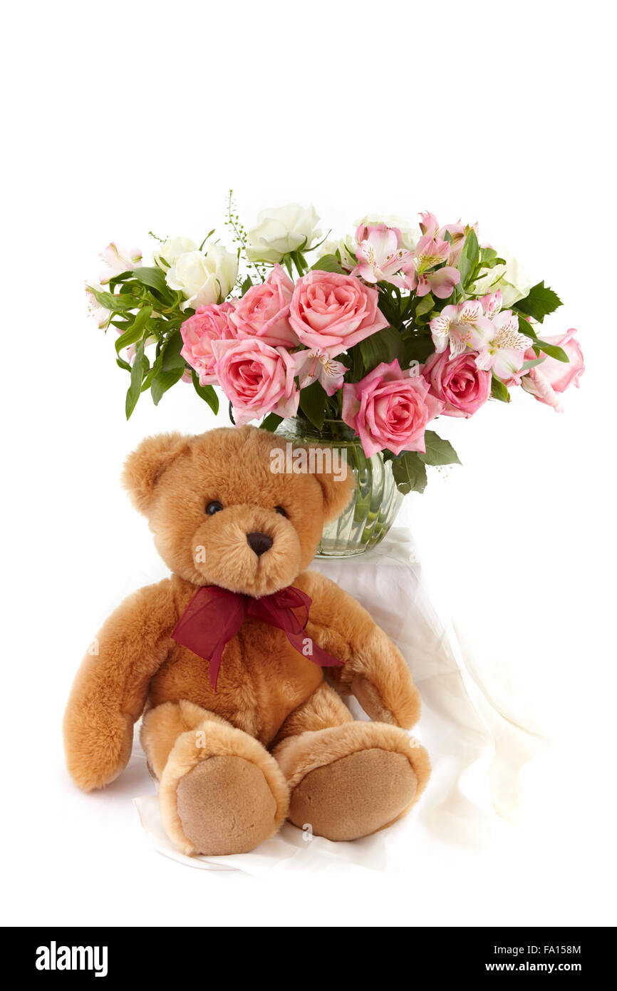 Bouquet and Teddy Bear Stock Photo