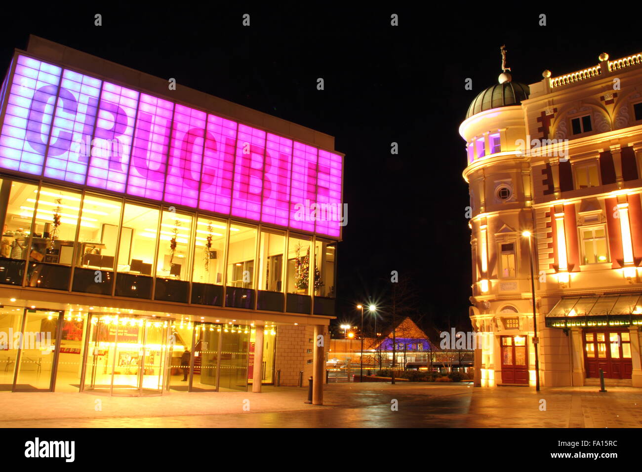 The Crucible Theatre (l) and the Lyceum Theatre (r) on Tudor Square, Sheffield city centre, Yorkshire UK - winter 2015 Stock Photo