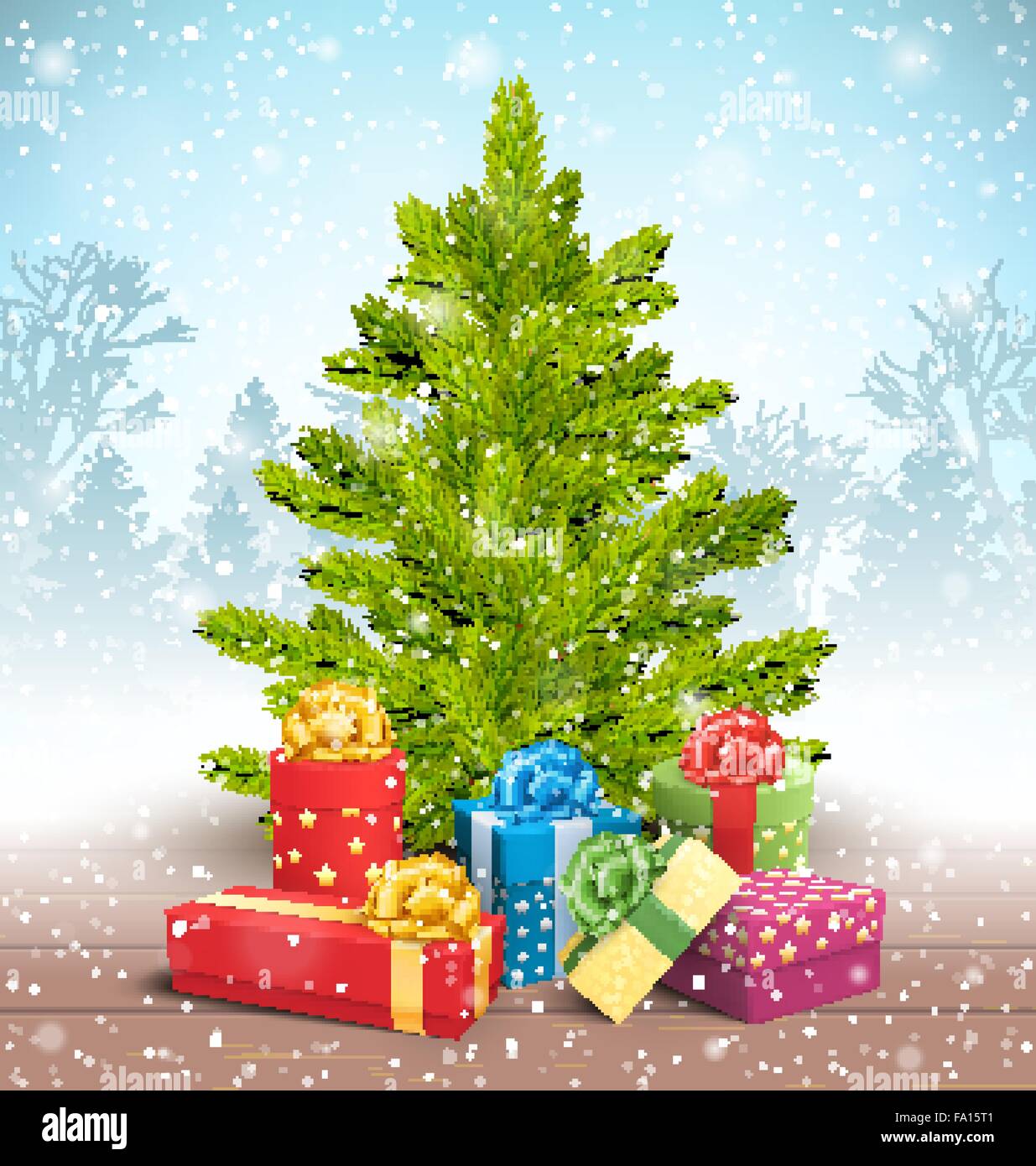 Christmas Tree with Bright Gift Boxes in Snow on Wooden Floor on Stock ...