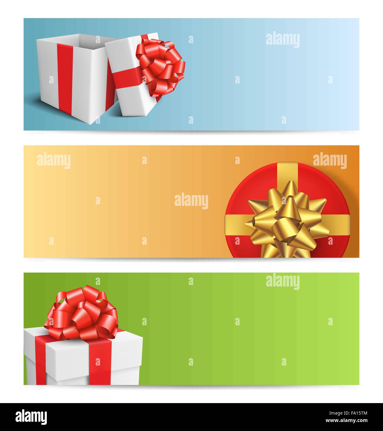 Three Festive Christmas Cards with Gift Boxes Isolated on White Stock Vector