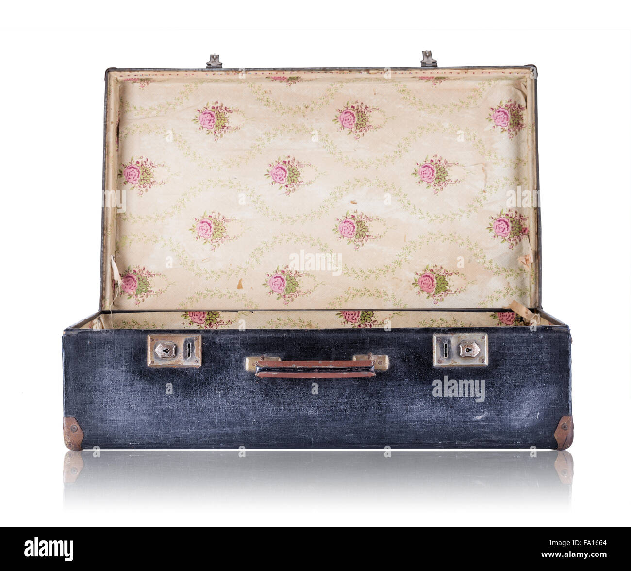 Open black vintage suitcase isolated on white background Stock Photo