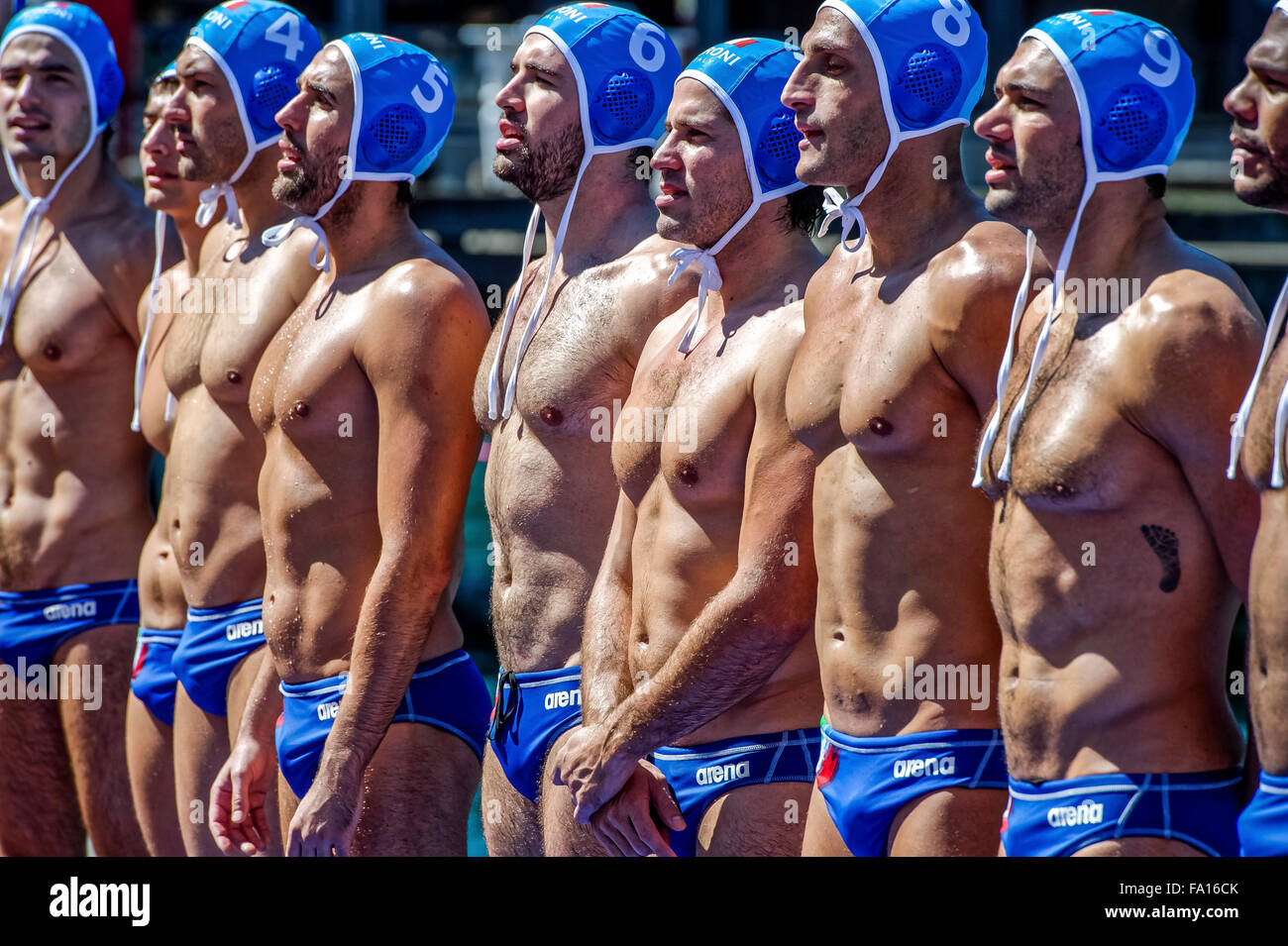 15.12.2015. The Italian National Team sings the national anthem prior to  the Mens Australia versus Italy International Water Polo match at  Campbell's Cove in Sydney, Australia Stock Photo - Alamy