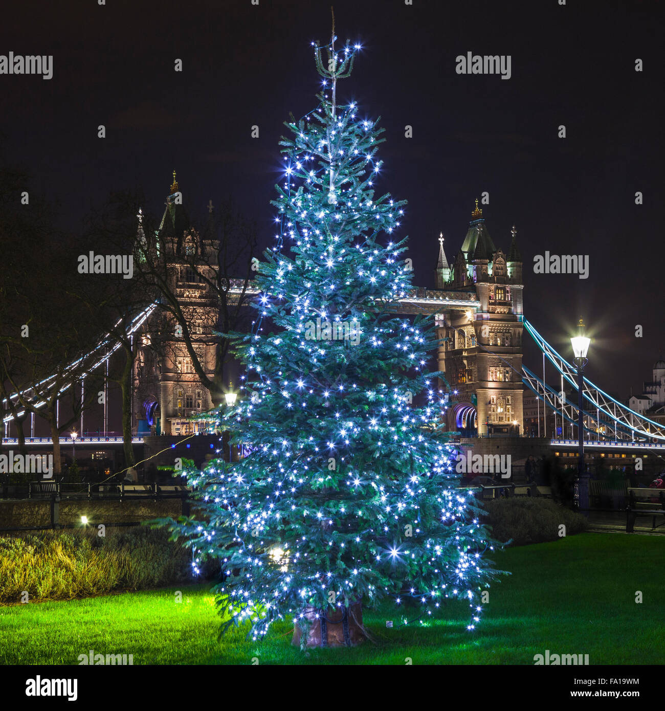 A view of Tower Bridge during Christmastime in London. Stock Photo