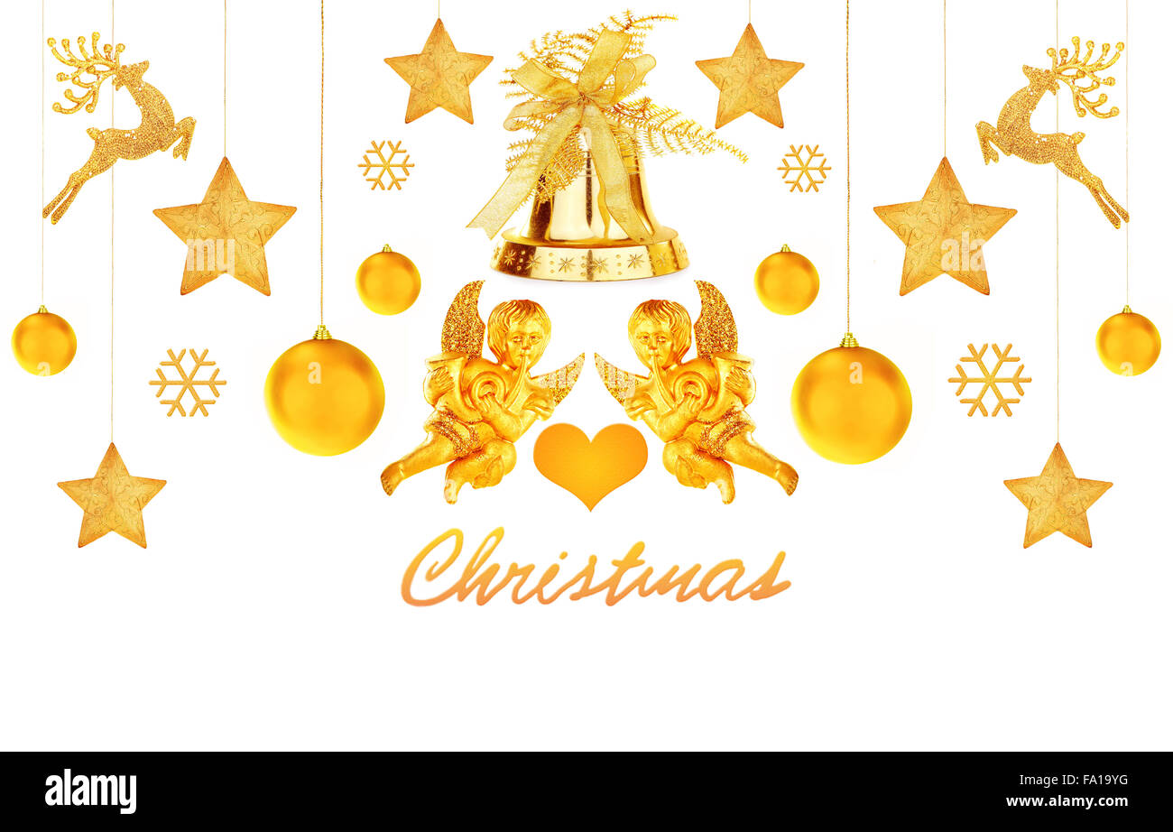 Large set of a beautiful golden Christmas decorations isolated on white background, collection of traditional tree ornament Stock Photo