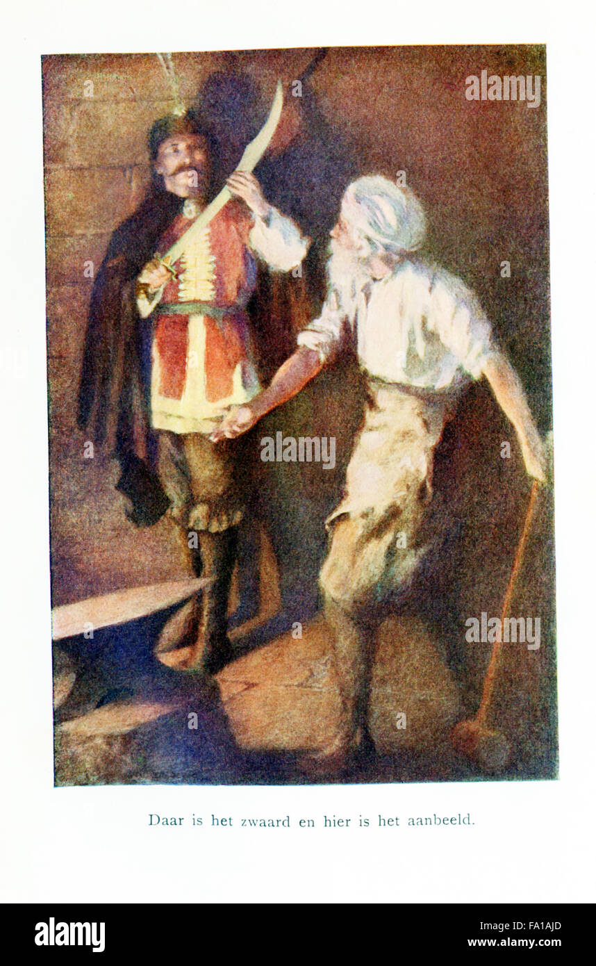 The caption for this illustration reads: There's the sword and here is the anvil. The Serbian hero Marko had asked the swordmaker Novak to make a sword that would haveno equal in the world. Novak did, as seen here, and Marko took the sword and struck the anvil and cut it in two. The illustration is from a 1921 book on Serbian myths and legends. Stock Photo