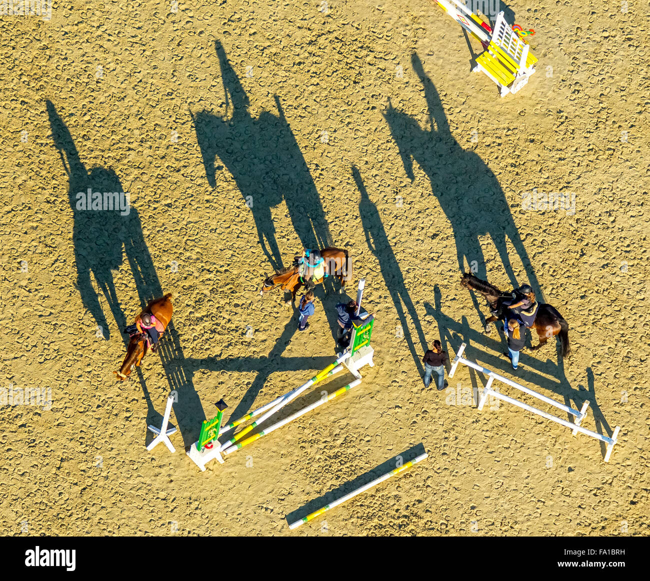 Obstacle Training with long shadows, riding facilities, Reiterhof Rhynern, riders, horses, barriers, Hamm, Ruhr area, Stock Photo