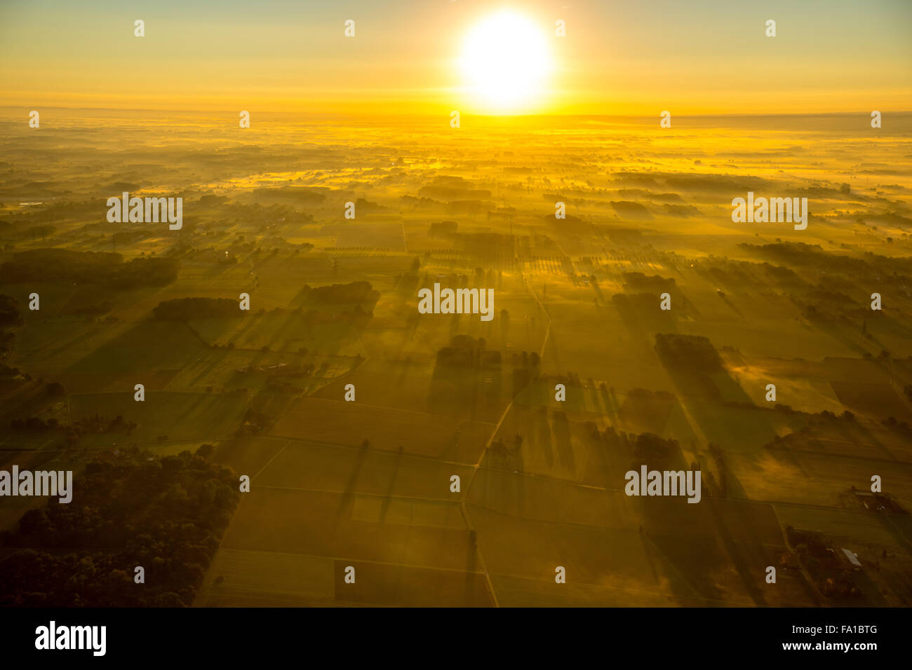 Sunrise over the eastern districts of Hamm, Golden light, views over the peasantry of Hamm, eastern landscape of Hamm, Hamm Stock Photo