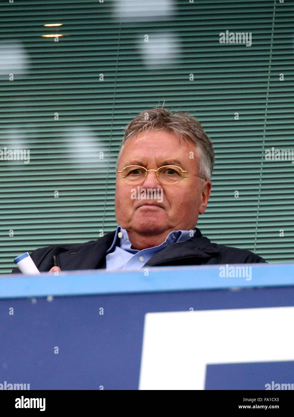 London, Britain. 19th Dec, 2015. Guus Hiddink watches the Barclays Premier League match between Chelsea and Sunderland in London, Britain, on Dec. 19, 2015. Guus Hiddink has been appointed first-team manager until the end of the season. © Han Yan/Xinhua/Alamy Live News Stock Photo