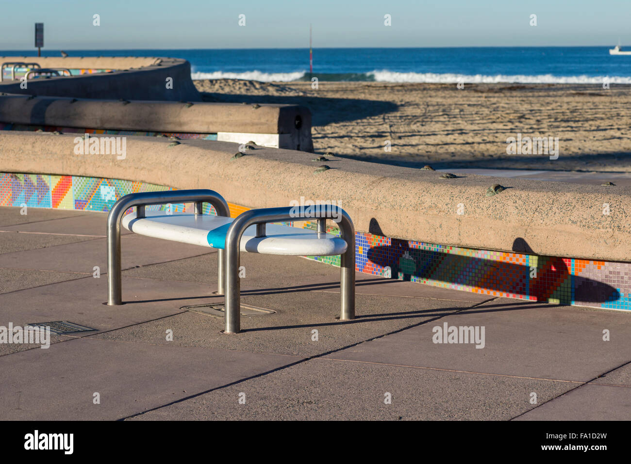 bench, empty bench, surfboard, colorful, beach, coastal Stock Photo - Alamy