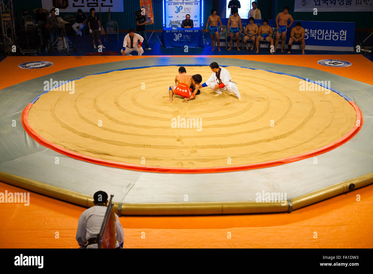 Two ssireum wrestlers, a traditional Korean national sport similar to sumo, begin their bout in the middle of the freshly raked Stock Photo