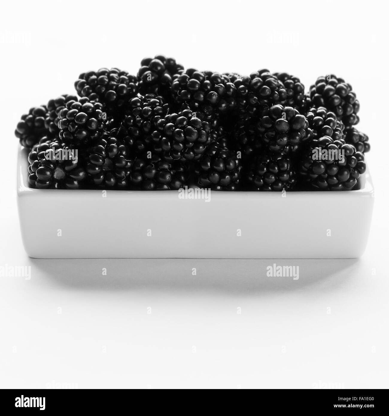 Blackberry heap on a white clean porcelain dish and background square composition Stock Photo