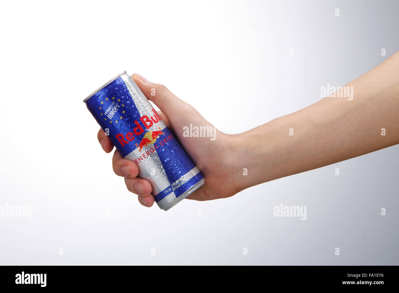 Kuala Lumpur,Malaysia 9th April 2015,Hand holding Can of Red Bull Energy Drink isolated on white background. Stock Photo