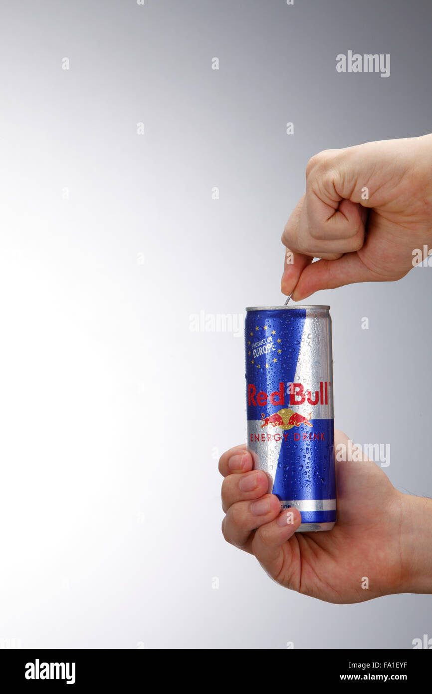 Kuala Lumpur,Malaysia 9th April 2015,Hand opening can of Red Bull Energy  Drink isolated on white background Stock Photo - Alamy