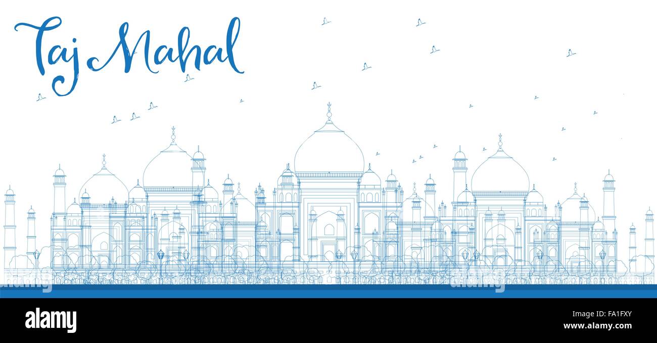 Outline Taj Mahal City Skyscrapers in blue color. Vector illustration. Business and tourism concept with skyscrapers Stock Vector