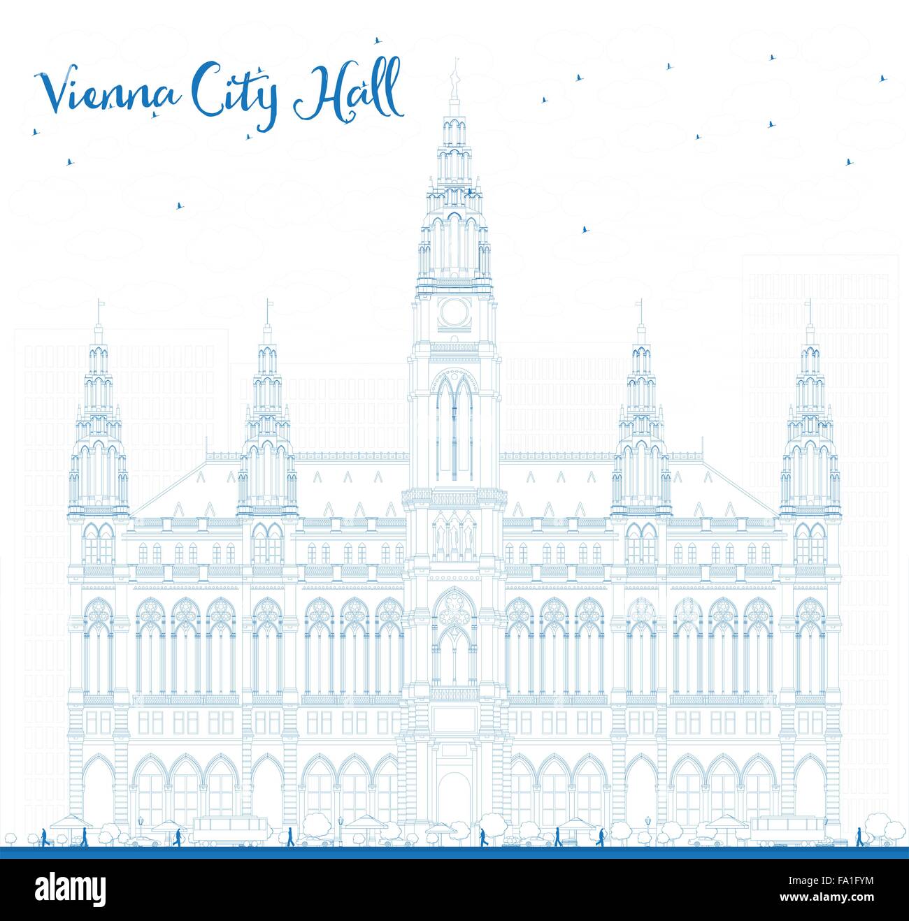 Outline Vienna City Hall in blue color. Vector illustration. Business travel and tourism concept with historic buildings. Stock Vector
