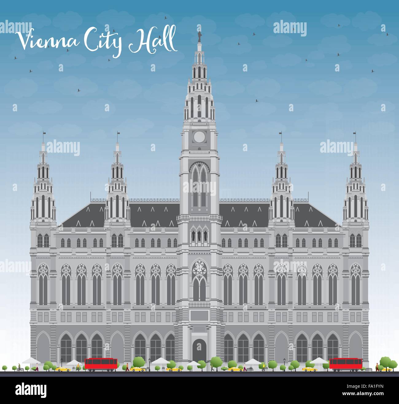 Vienna City Hall in gray color with blue sky. Vector illustration. Business travel and tourism concept with historic buildings. Stock Vector