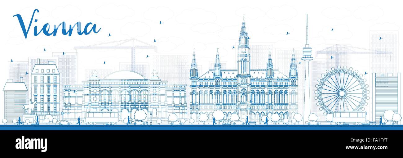 Outline Vienna Skyline with Blue Buildings. Vector Illustration. Business Travel and Tourism Concept with Historic Buildings. Stock Vector