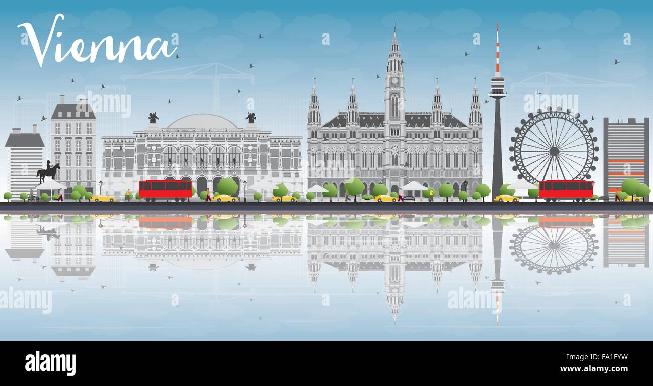 Vienna Skyline with Gray Buildings, Blue Sky and Reflections. Vector Illustration. Business Travel and Tourism Concept Stock Vector